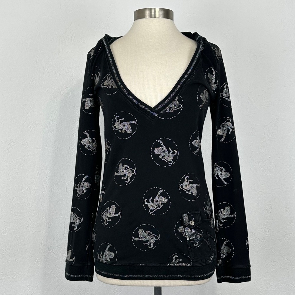 Womens Y2K Logo Fitted Long Sleeve Top Sz Medium Sparkle V-Neck Hooded